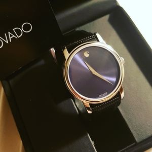 Movado Black Leather Watch Brand New In Box